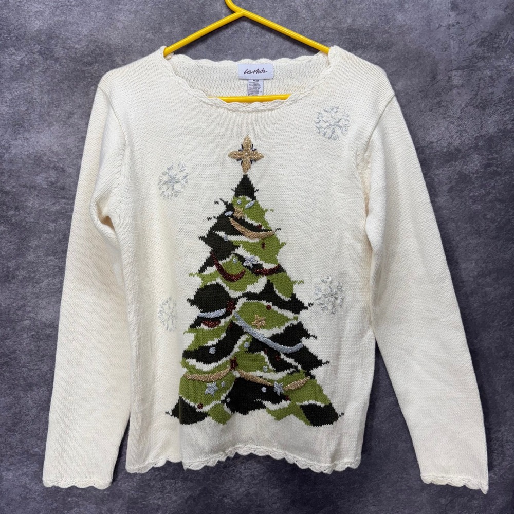 Le Moda Christmas Tree Sweater Cream Womens M Scalloped Edge Snowflake